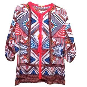 Vintage Boho Top Geometric African Print Tassels Retro 60s Medium